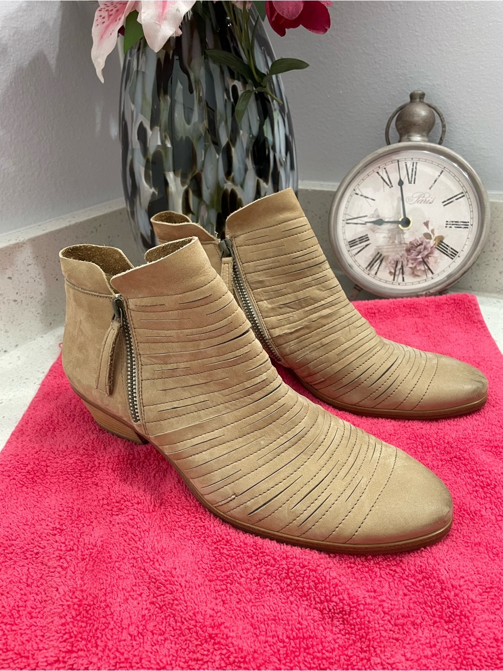 Paul Green Tan Suede Ankle Booties with Side Zippers